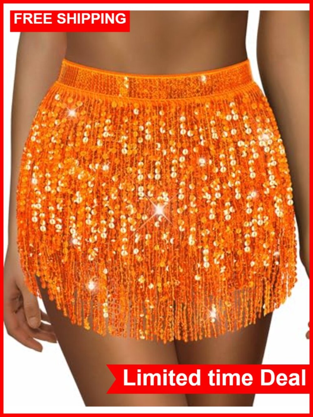 Women's Sequin Fringe Belly Dance Skirt Adjustable Drawstring Rave Sparkle Skirt